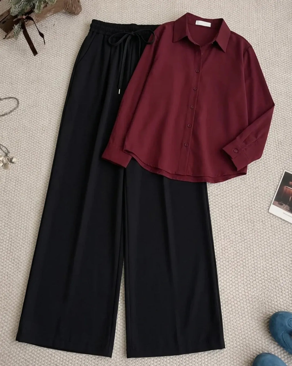 Burgundy Button Down Shirt With Black Flapper Trouser Set