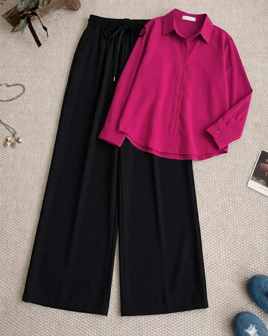 Fuchsia Pink Button Down Shirt With Beige Flapper Trouser Set