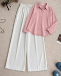 Blush Pink Button Down Shirt With White Flapper Trouser Set