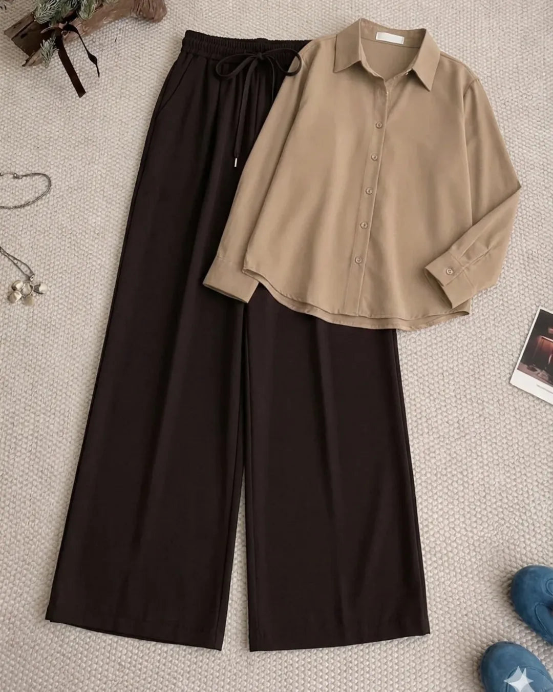 Beige Button Down Shirt With Dark Brown Flapper Trouser Set