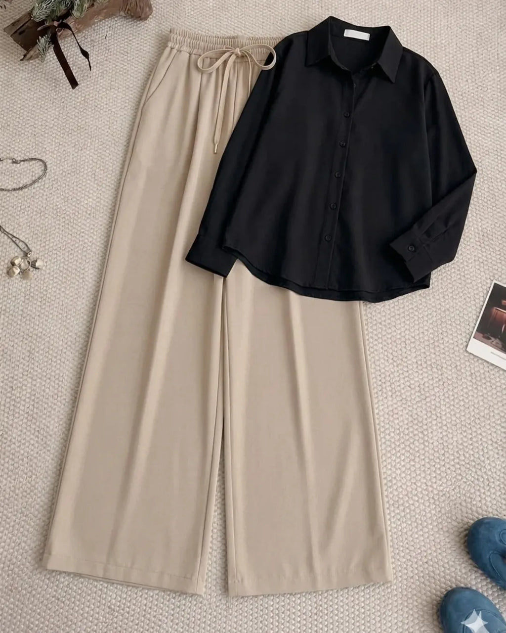 Black Button Down Shirt & Beige Flapper Trouser