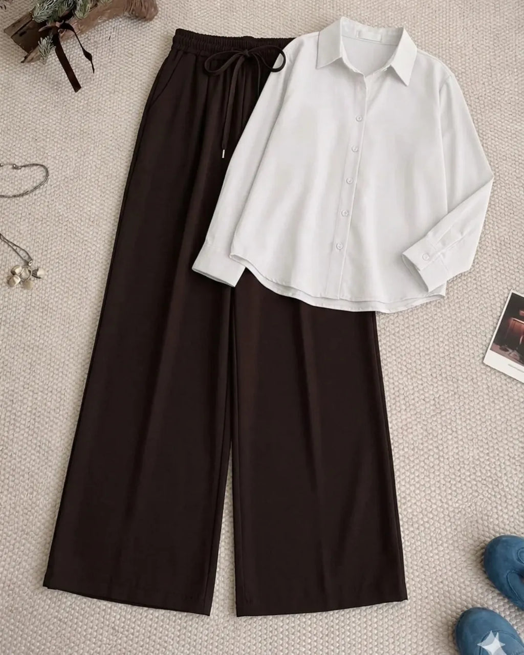 White Button Down Shirt & Brown Flapper Trouser