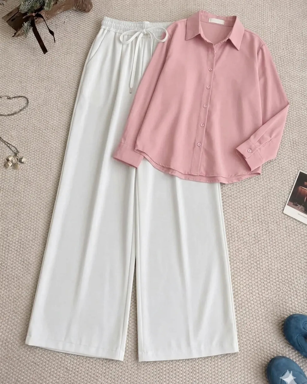 Baby Pink Button Down Shirt & White Flapper Trouser