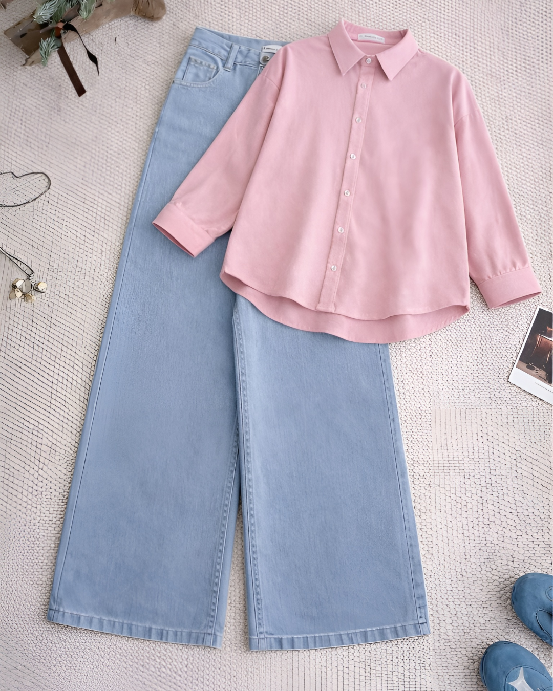 Baby Pink Button Down Shirt With Mid Blue Wide leg Jeans Set