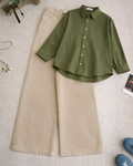 Olive Green Button Down Shirt With Beige Wide Leg Jeans Set