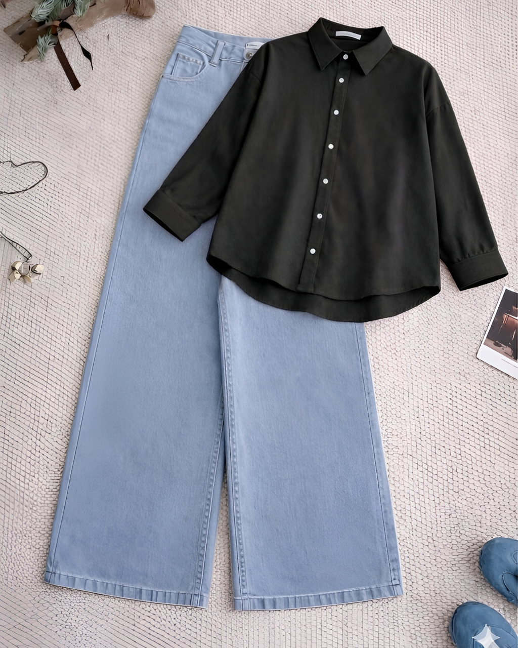Black Button Down Shirt With Sky Blue Wide Leg Jeans Set