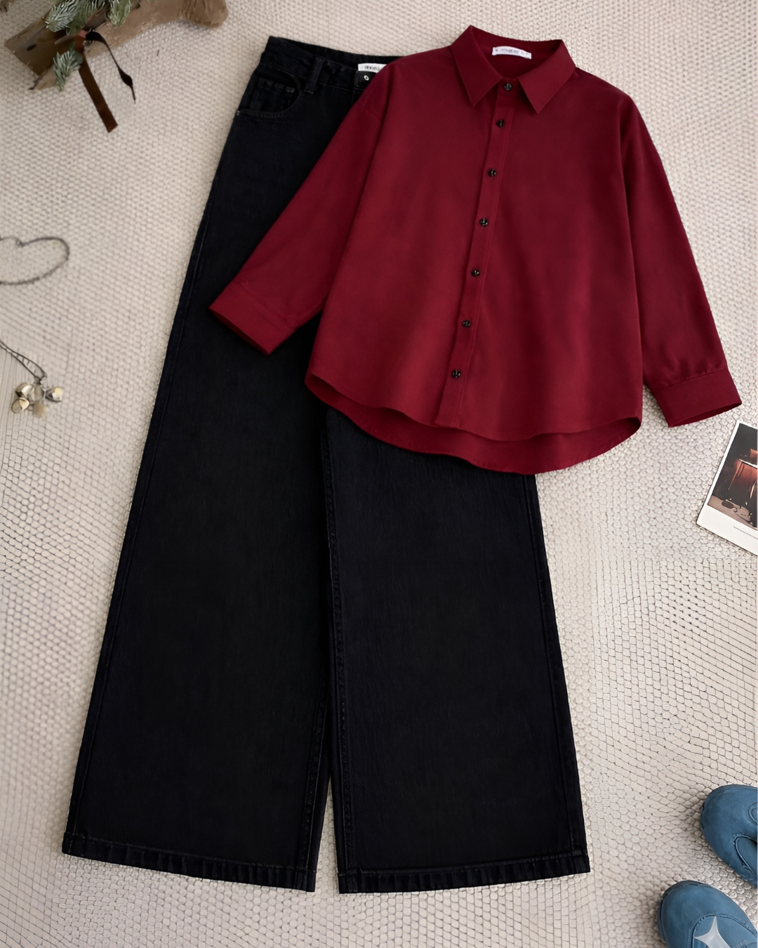 Burgundy Button Down Shirt With Black Wide Leg Jeans Set