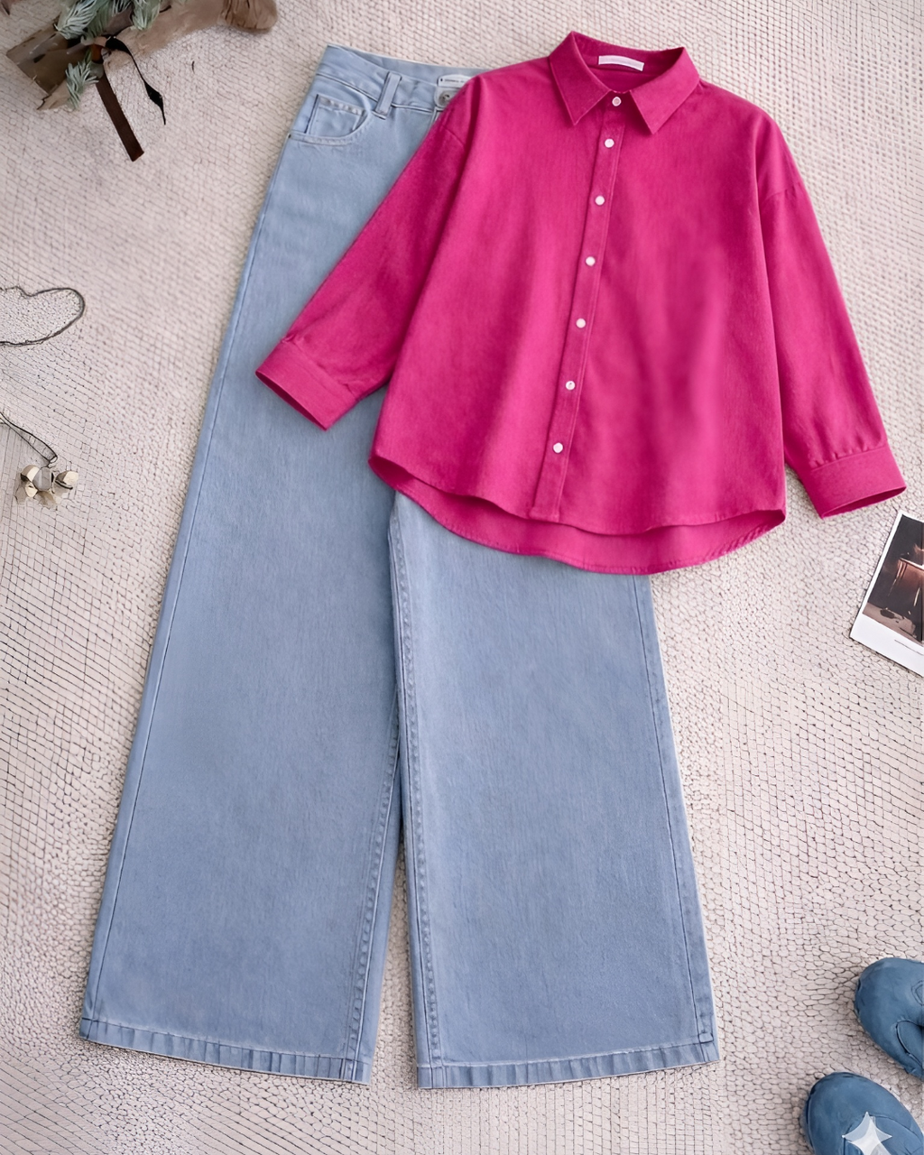 Pink Button Down Shirt With Sky Blue Wide Leg Jeans Set