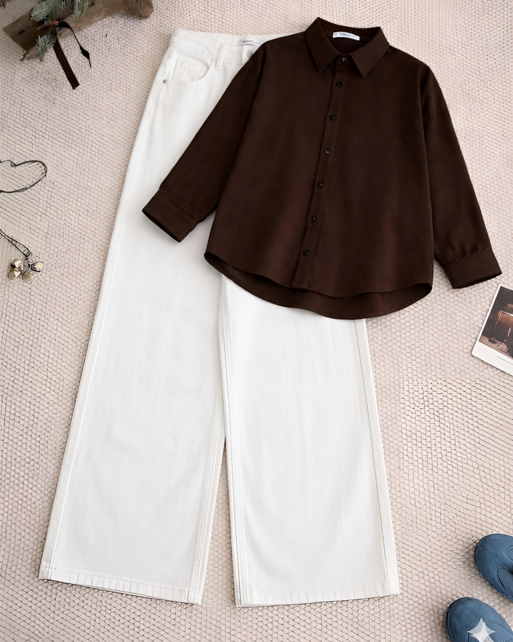 Dark Brown Button Down Shirt With White Wide leg Jeans Set