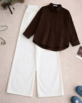 Dark Brown Button Down Shirt With White Wide leg Jeans Set