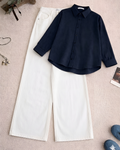 Navy Blue Button Down Shirt With White Wide Leg Jeans Set
