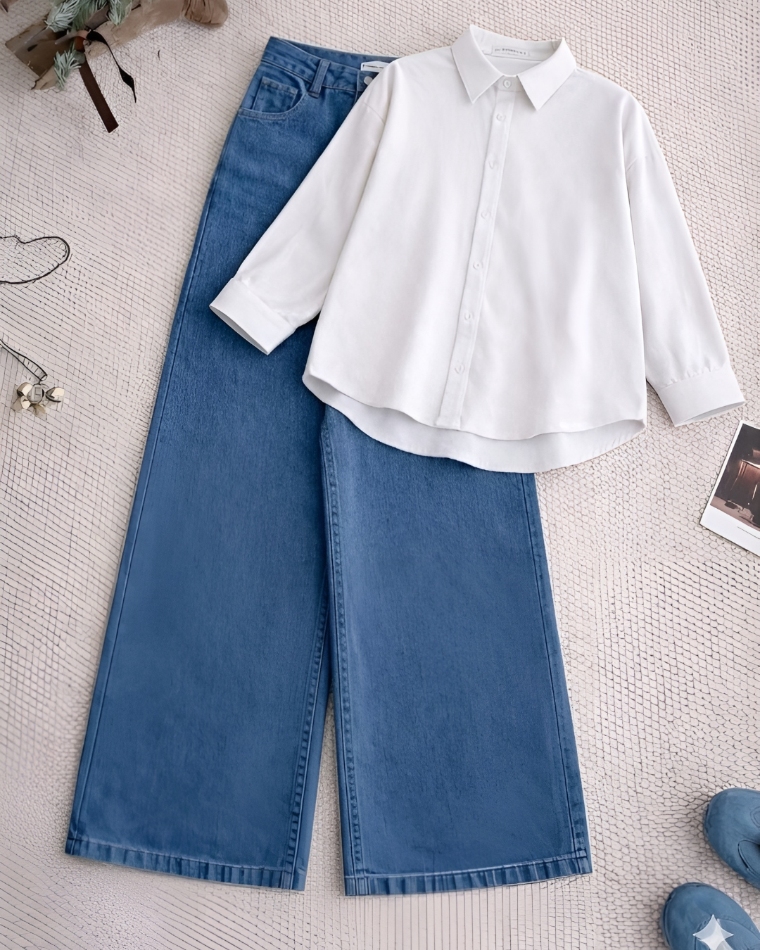White Button Down Shirt With Mid Blue Wide leg Jeans Set