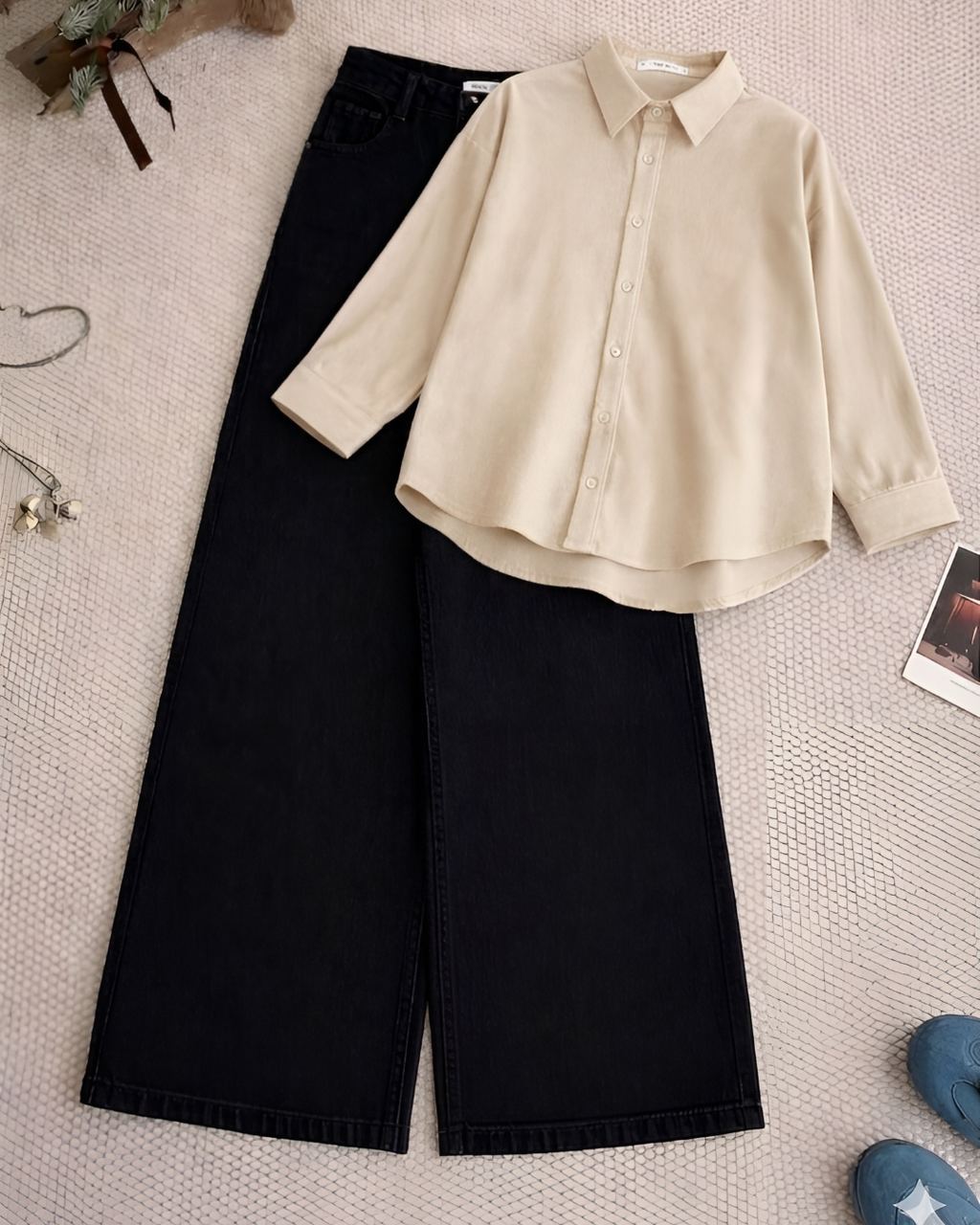 Beige Button Down Shirt With Black Wide leg Jeans Set