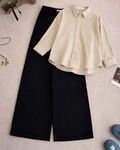 Beige Button Down Shirt With Black Wide leg Jeans Set