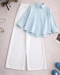 Baby Blue Button Down Shirt With White Wide Leg Jeans Set
