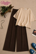 Beige Oversized Tee With Dark Brown Flapper Trouser