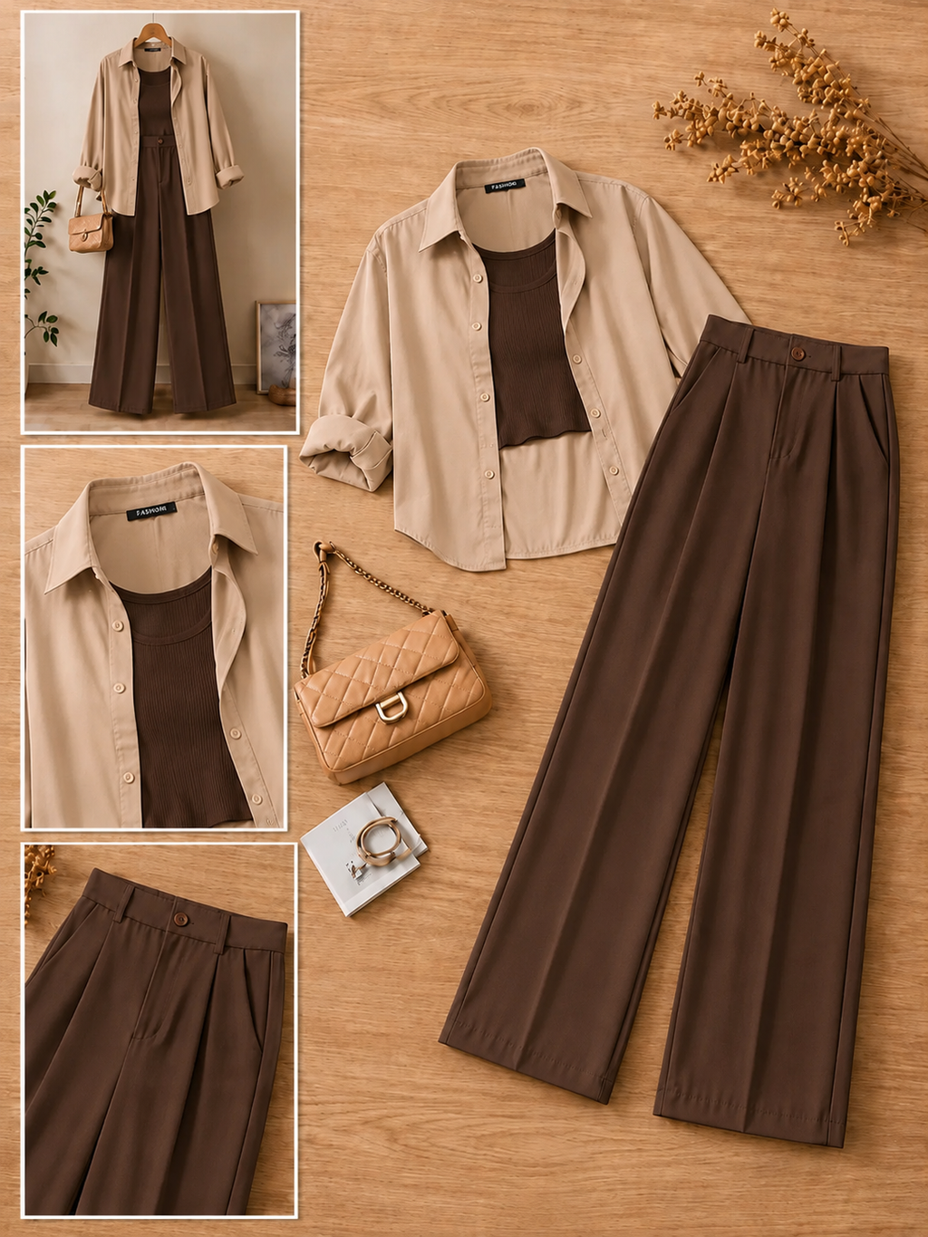 Beige Button-Down Shirt With Brown Crop Tank Top & Brown Formal Cotton Pants