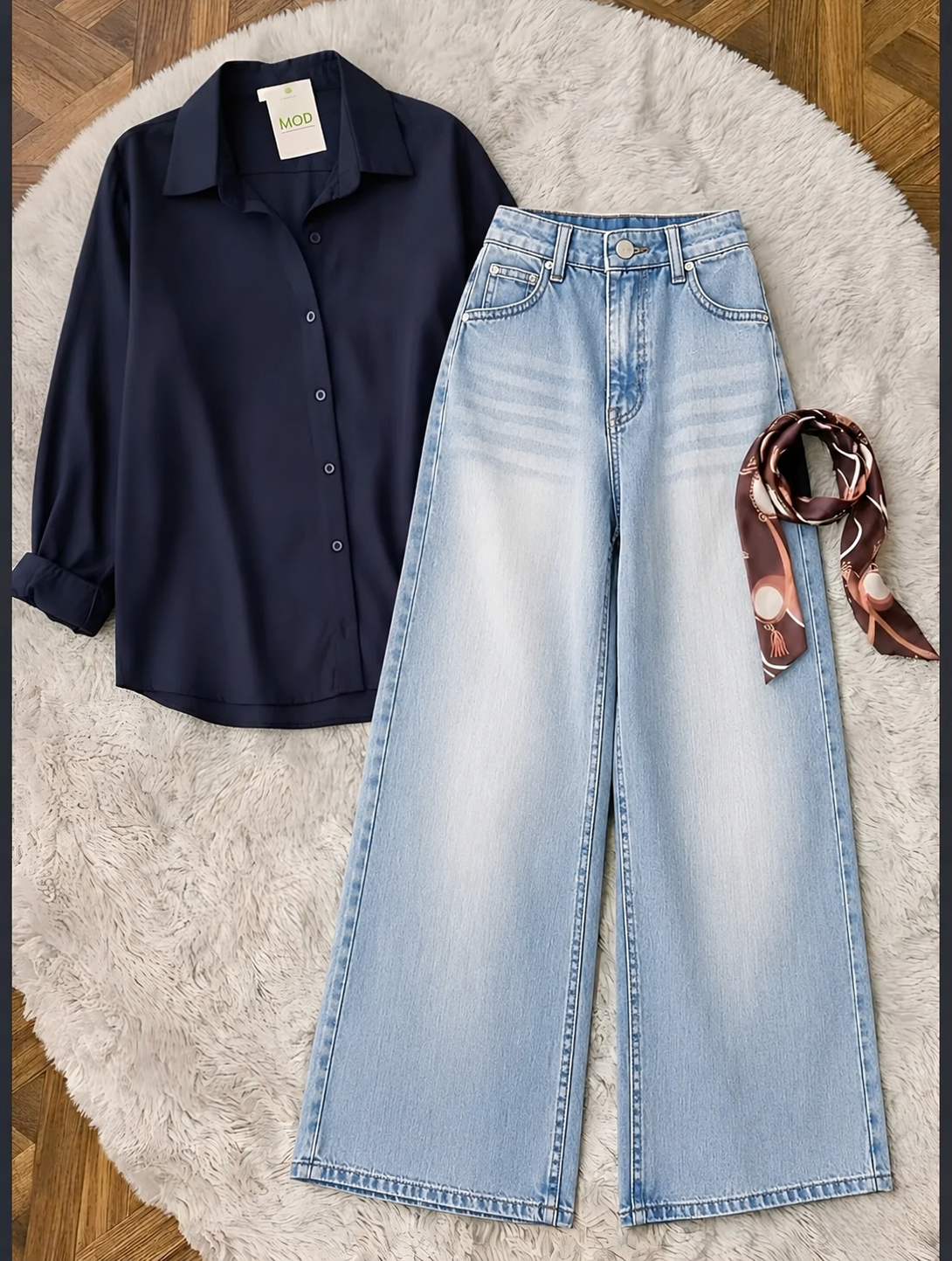 Navy Blue Button-Down Shirt & Sky Blue Vintage Washed Wide Leg Jeans