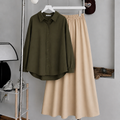 Olive Green Button-Down Shirt & Beige Summer Flowy Maxi Skirt