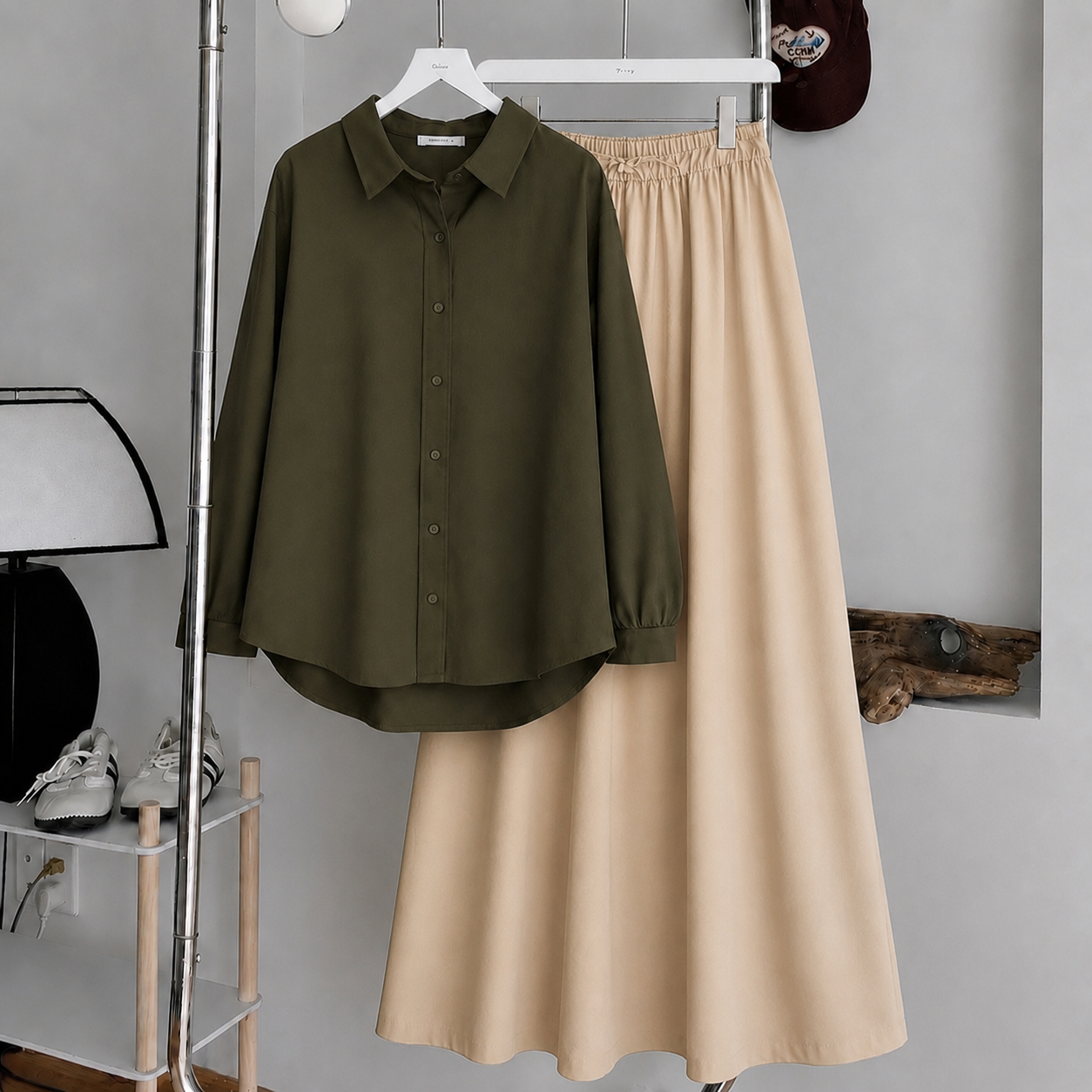 Olive Green Button-Down Shirt & Beige Summer Flowy Maxi Skirt