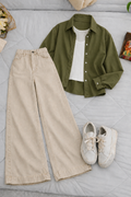 Olive Green Button-Down Shirt With White Crop Tank Top & Beige High-Waisted Wide Leg Denim Jeans