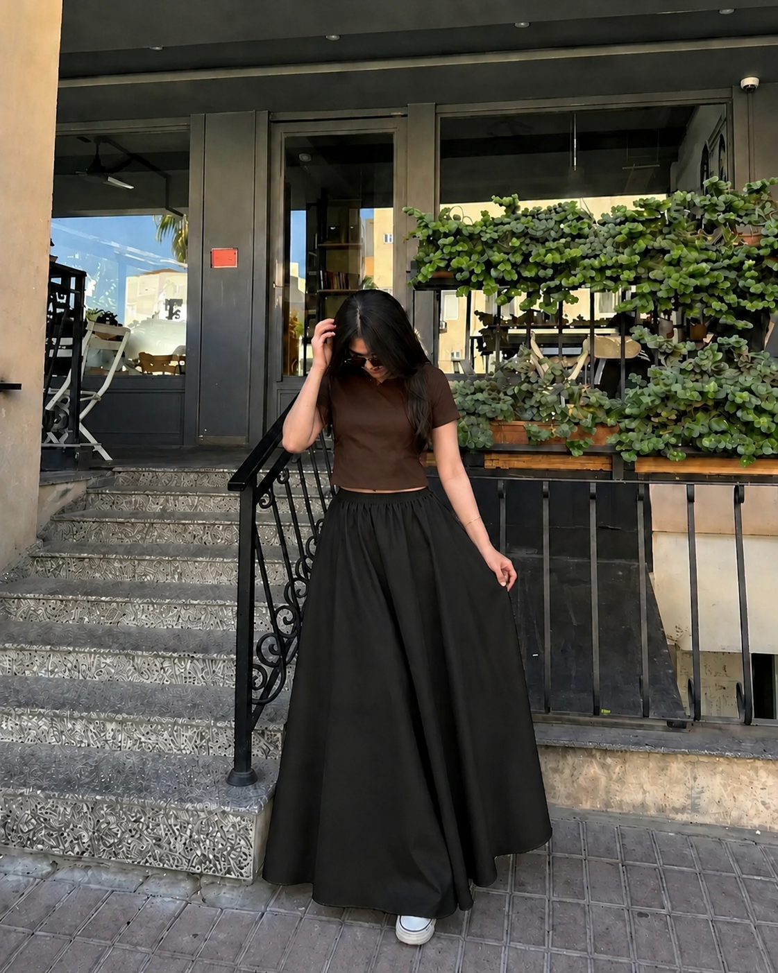Dark brown Cropped Tee & Black Summer Flowy Maxi Skirt