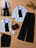Baby Blue Stripe Button Down Shirt With Black Crop Tank Top & Black Formal Cotton Pants