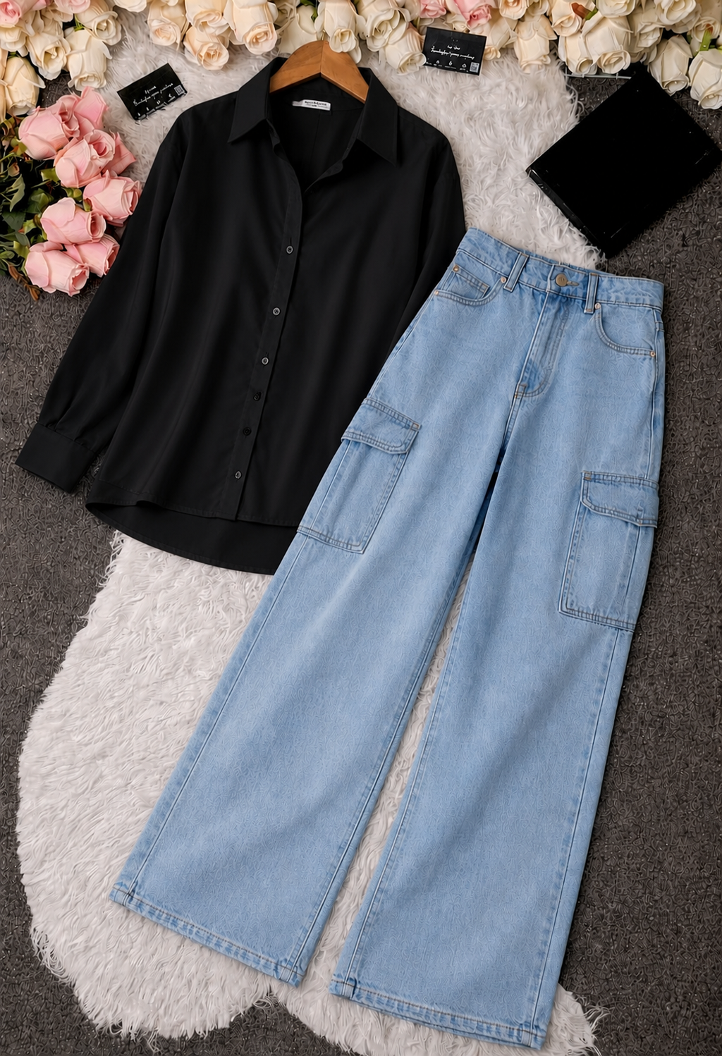 Black Button-Down Shirt & Sky Blue High-Waisted Cargo Denim Jeans