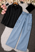 Black Button-Down Shirt & Sky Blue High-Waisted Cargo Denim Jeans