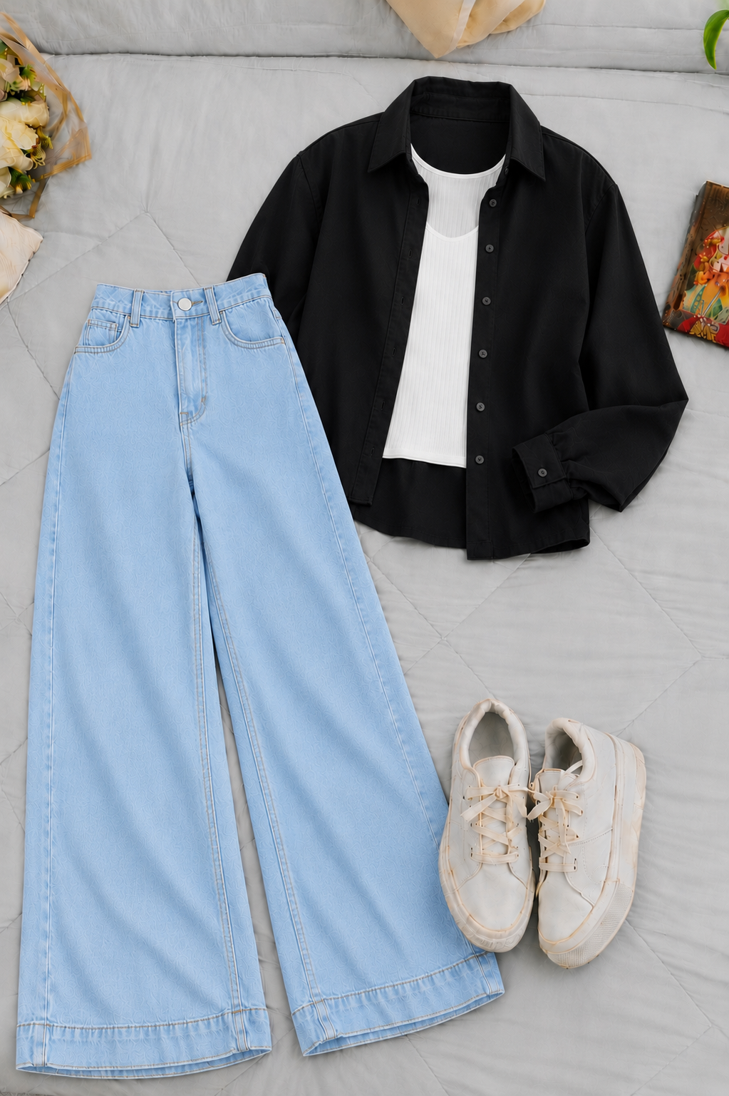Black Button-Down Shirt With White Crop Tank Top & Sky Blue High-Waisted Wide Leg Denim Jeans