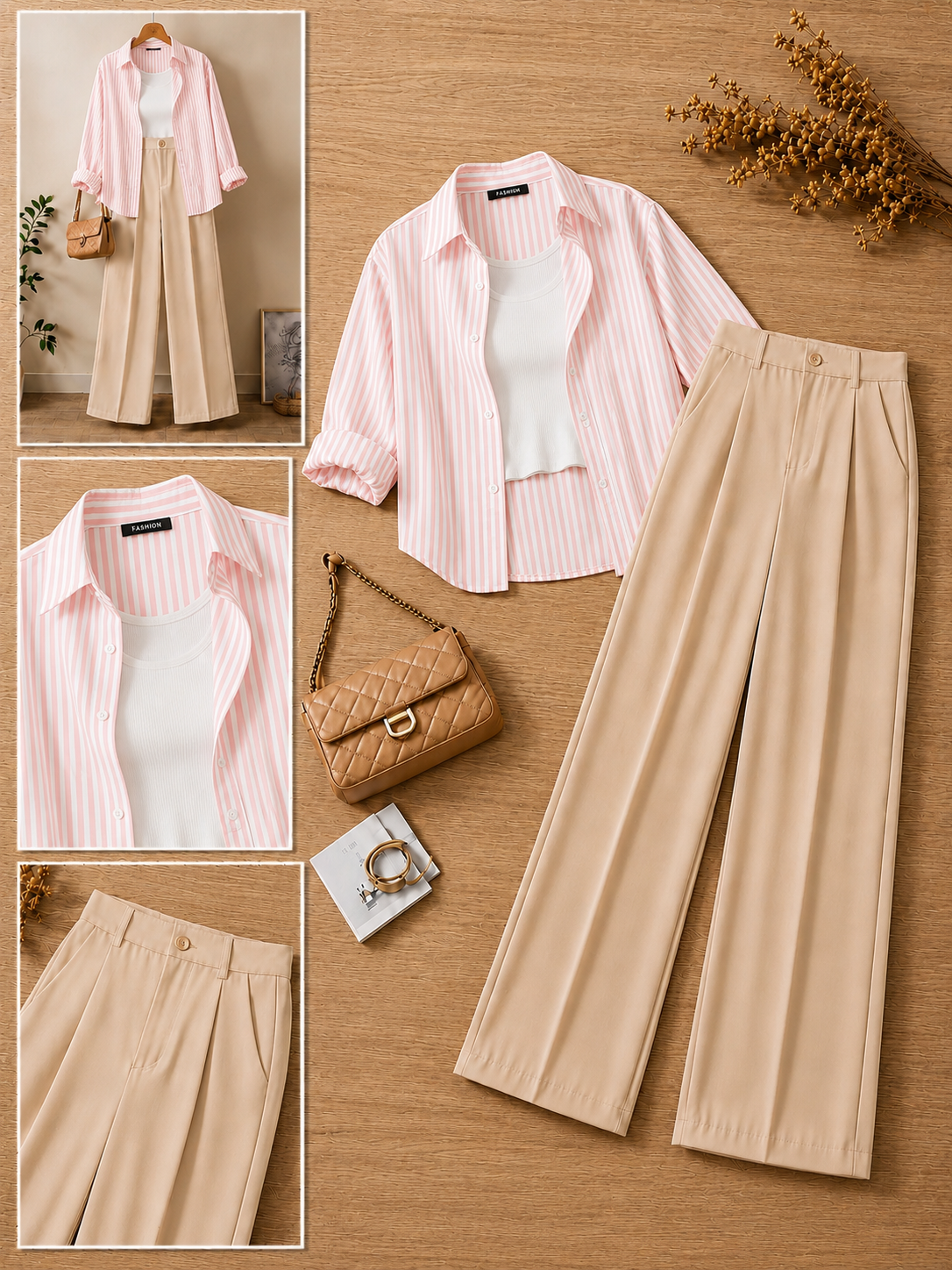 Baby Pink  Stripe Button Down Shirt With White Crop Tank Top & Beige Formal Cotton Pants