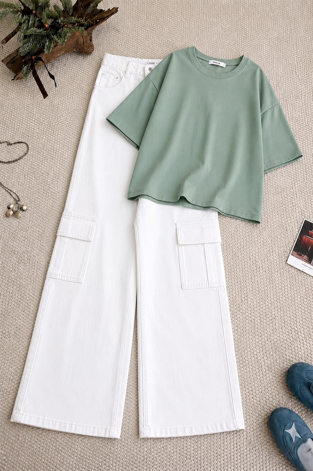 Sage Green Oversized Tee & White High-Waisted Cargo Denim Jeans