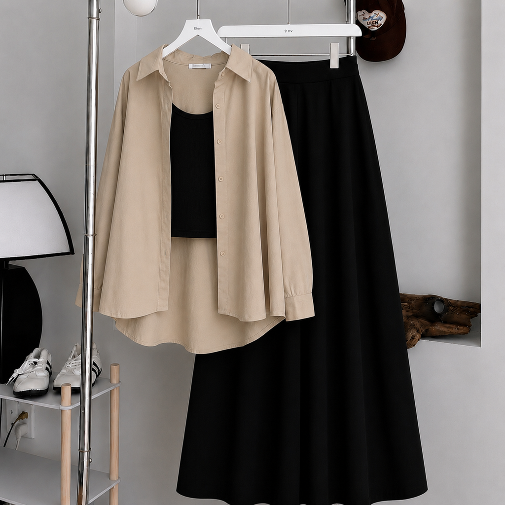 Beige Button-Down Shirt With Black Crop Tank Top & Black Summer Flowy Maxi Skirt