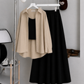 Beige Button-Down Shirt With Black Crop Tank Top & Black Summer Flowy Maxi Skirt