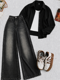 Black Button-Down Shirt With White Crop Tank Top & Black Vintage Wide Leg Jeans
