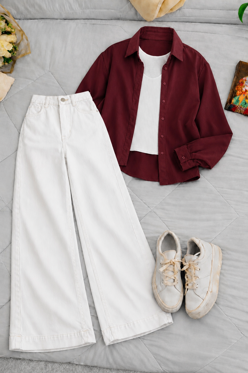 Burgundy Button-Down Shirt With White Crop Tank Top & White High-Waisted Wide Leg Denim Jeans