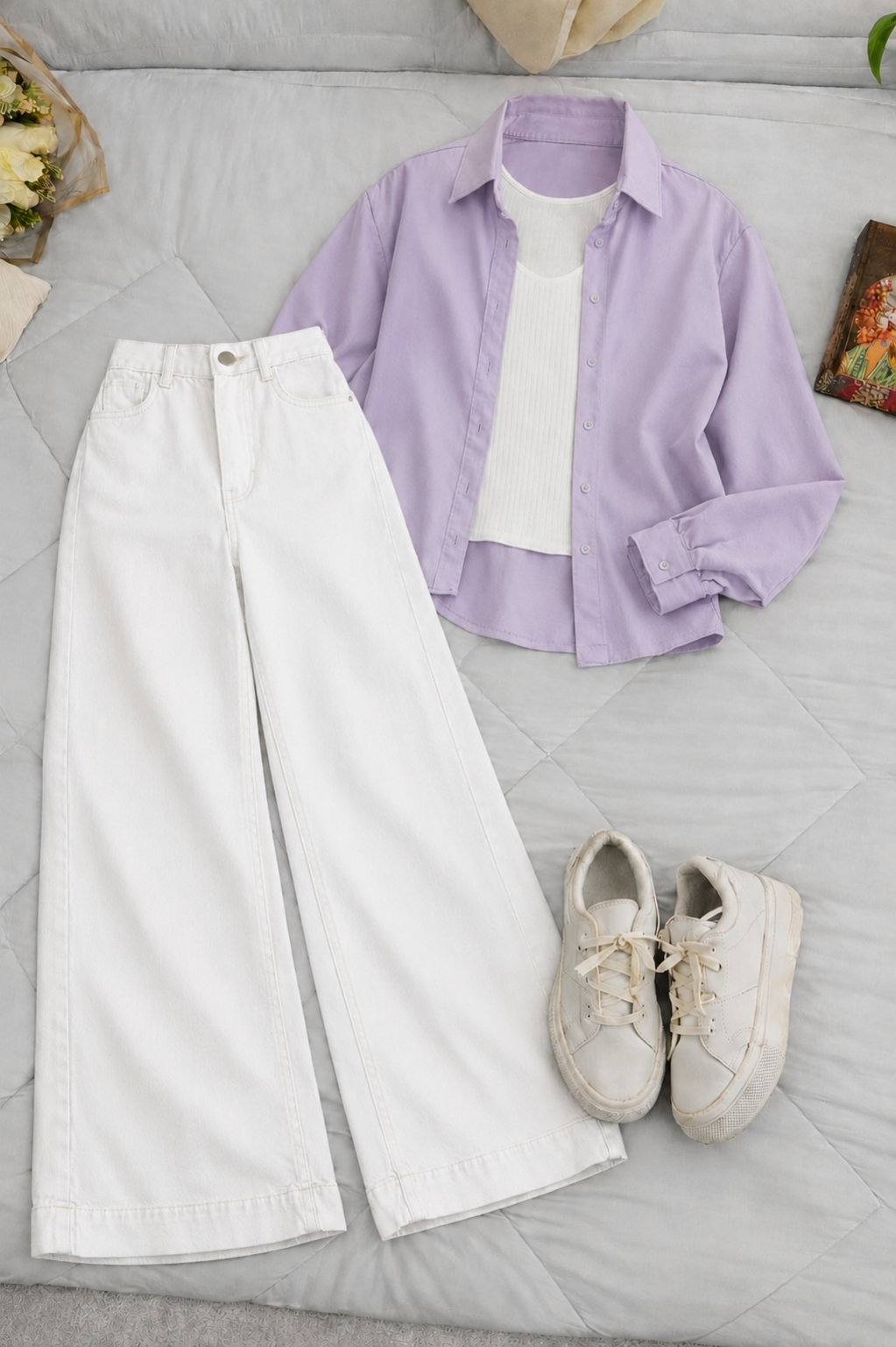 Lilac Button-Down Shirt With White Crop Tank Top & White High-Waisted Wide Leg Denim Jeans