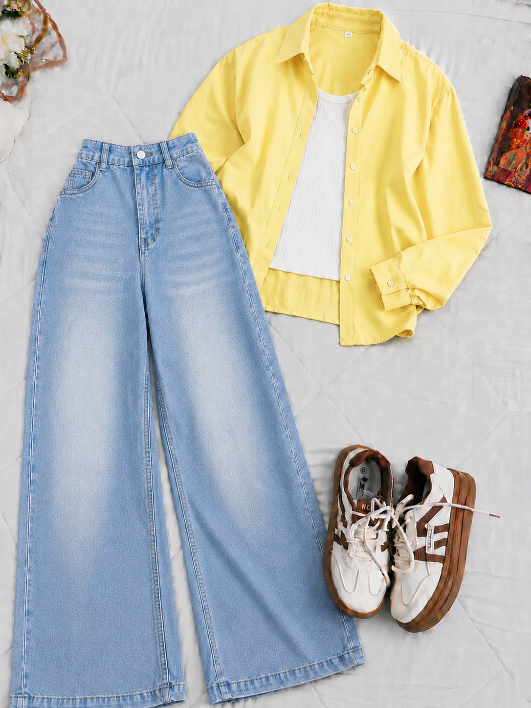 Pale Yellow Button-Down Shirt With White Crop Tank Top Sky Blue Vintage Wide Leg Jeans