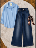 Sky Blue Button-Down Shirt & Mid Blue Vintage Washed Wide Leg Jeans