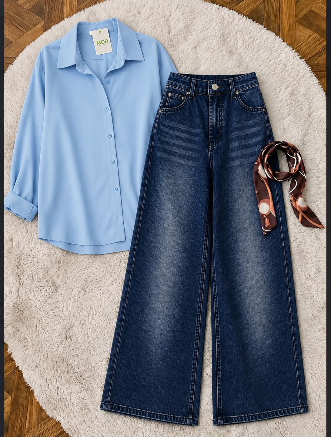 Sky Blue Button-Down Shirt & Mid Blue Vintage Washed Wide Leg Jeans