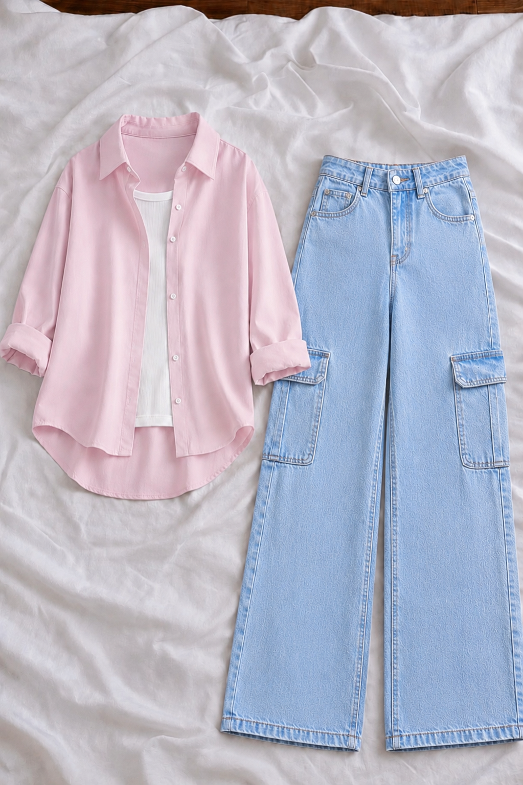 Baby Pink Button-Down Shirt With White Tank Top & Sky Blue High-Waisted Cargo Denim Jeans