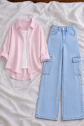Baby Pink Button-Down Shirt With White Tank Top & Sky Blue High-Waisted Cargo Denim Jeans
