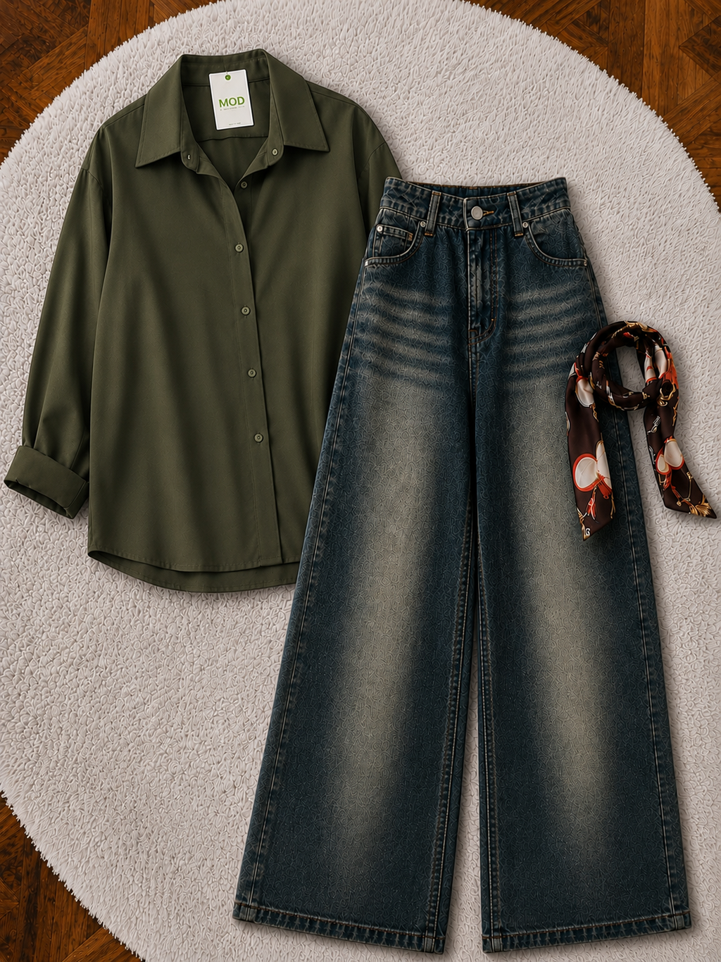 Olive green Button-Down Shirt & Charcoal Blue Vintage Washed Wide Leg Jeans