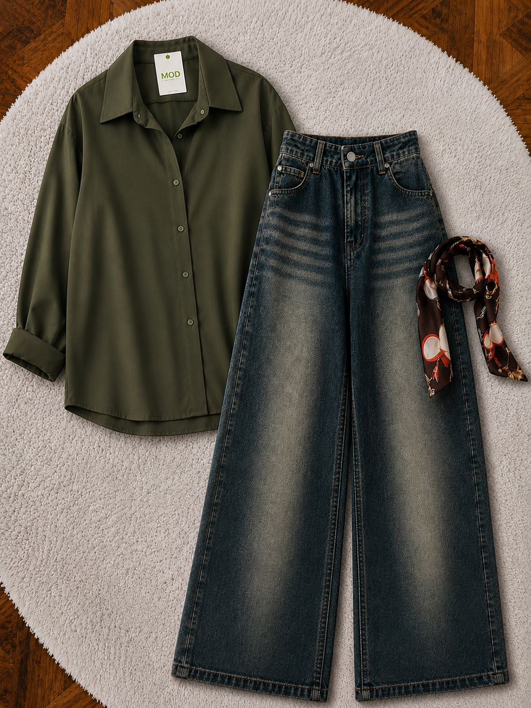 Olive green Button-Down Shirt & Charcoal Blue Vintage Washed Wide Leg Jeans