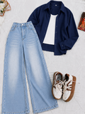 Navy Blue Button-Down Shirt With White Crop Tank Top Sky Blue Vintage Wide Leg Jeans