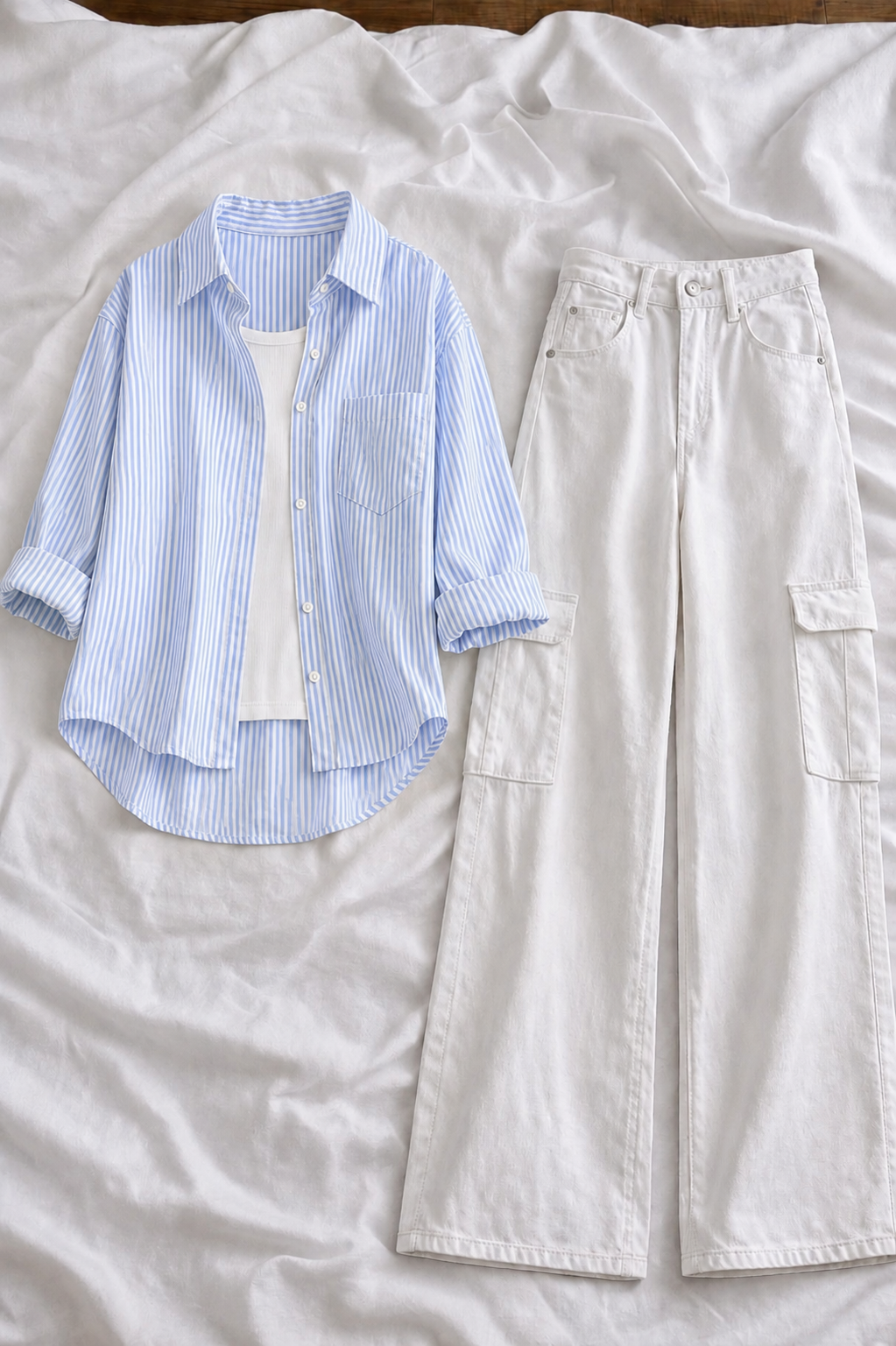 Sky Blue Stripe Button-Down Shirt With White Tank Top & White High-Waisted Cargo Denim Jeans