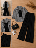 White Lining Stripe Button Down Shirt With Black Crop Tank Top & Black Formal Cotton Pants