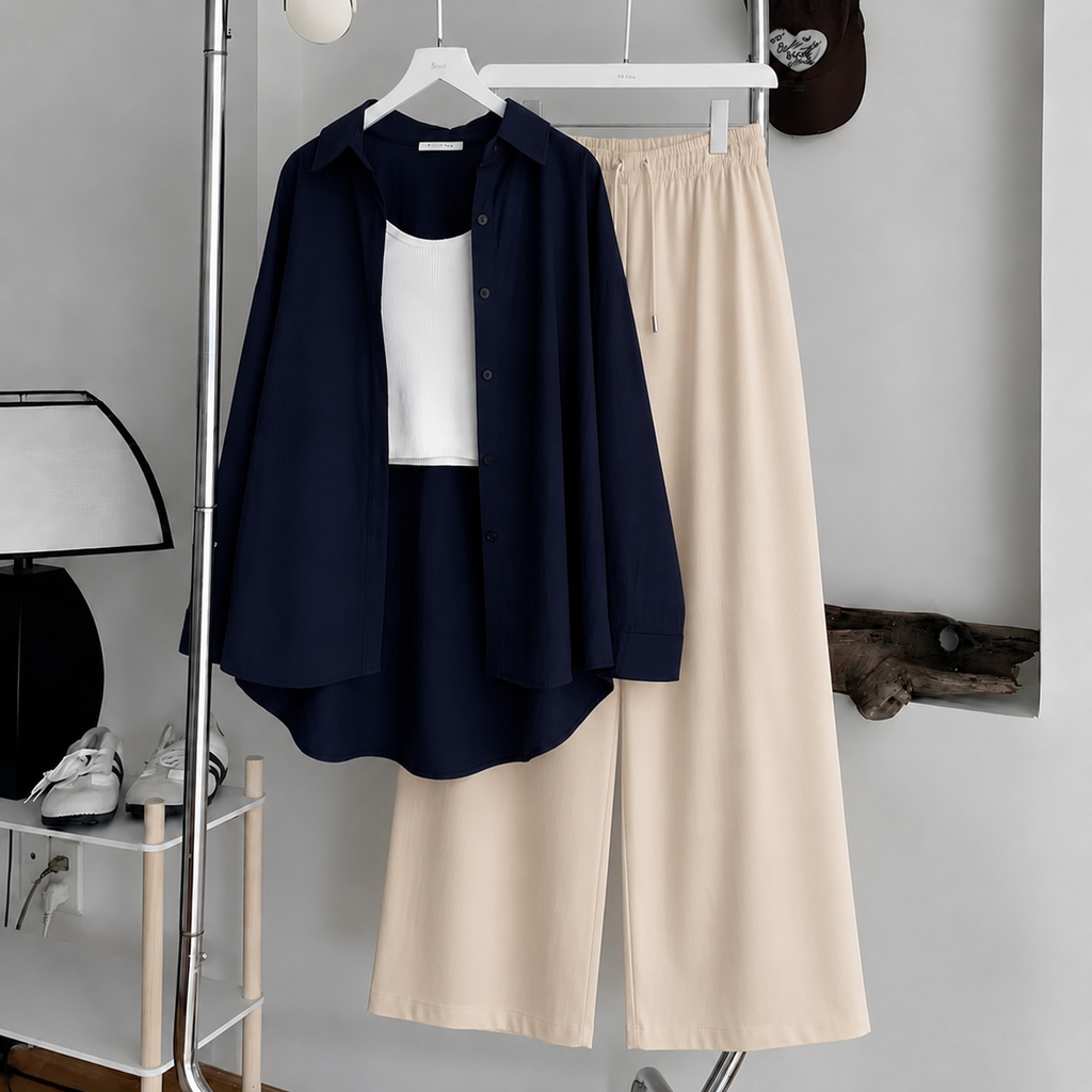 Navy Blue Button-Down Shirt With White Ribbed Knit Tank Top & Off-White Flapper Trouser