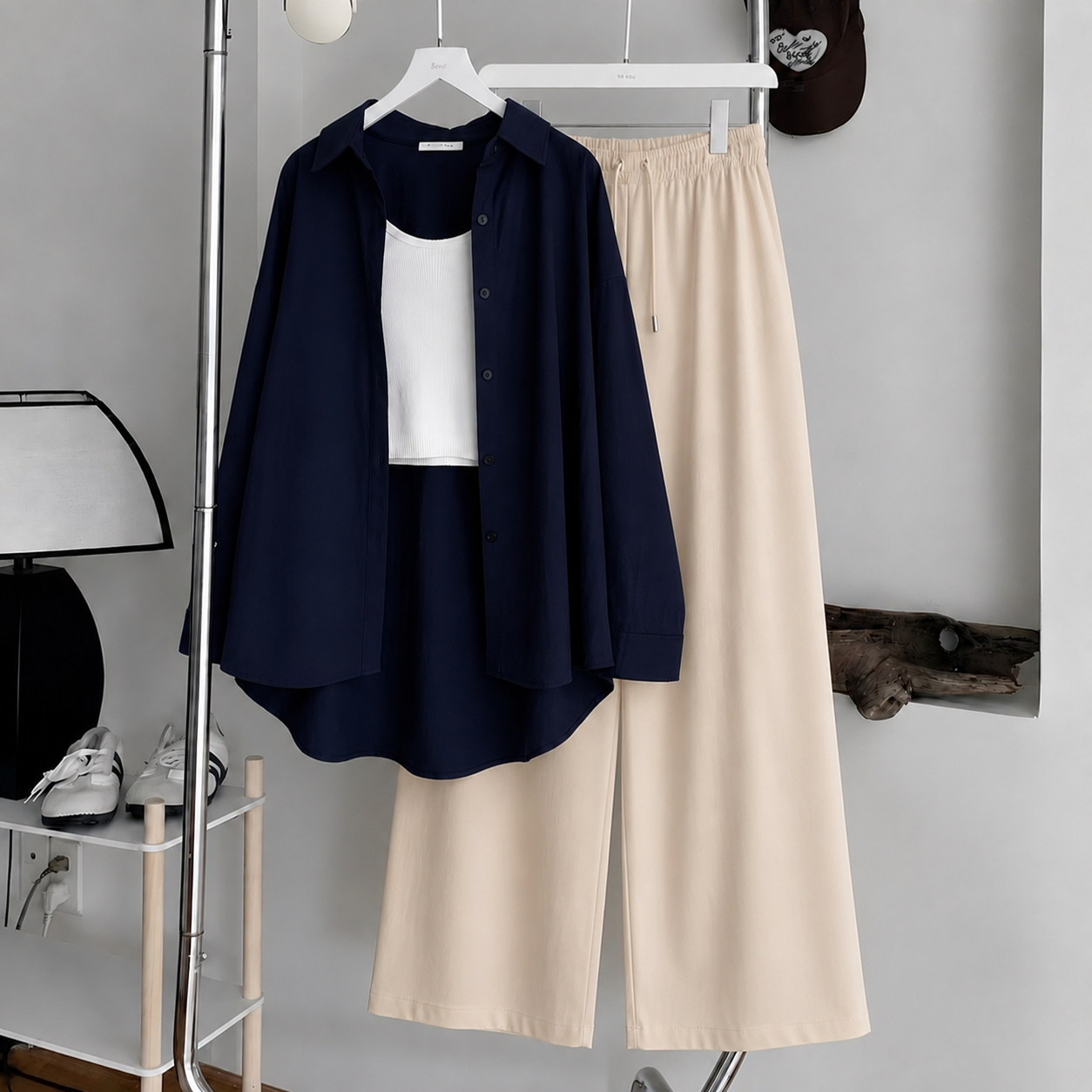 Navy Blue Button-Down Shirt With White Ribbed Knit Tank Top & Off-White Flapper Trouser