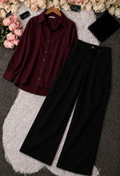 Burgundy Button-Down Shirt & White High-Waisted Cargo Denim Jeans
